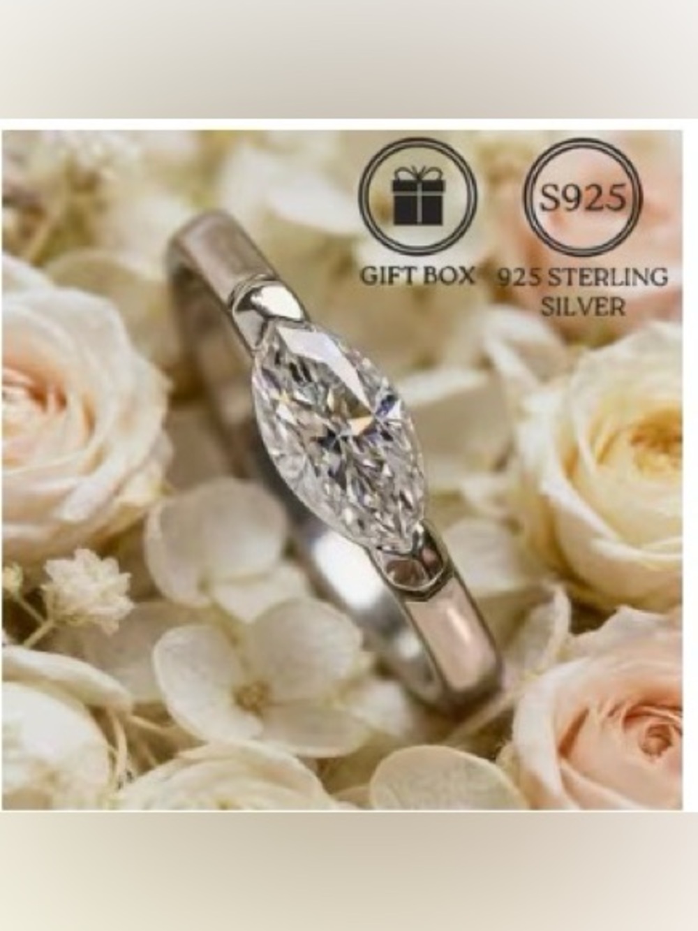 Marquise Moissanite Ring – 925 Sterling Silver – Minimalist Elegance – Size 6